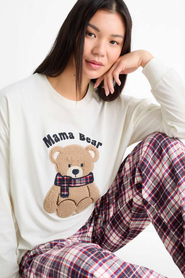 Dames - Pyjama voor de kerst, met flanellen broek - crème wit