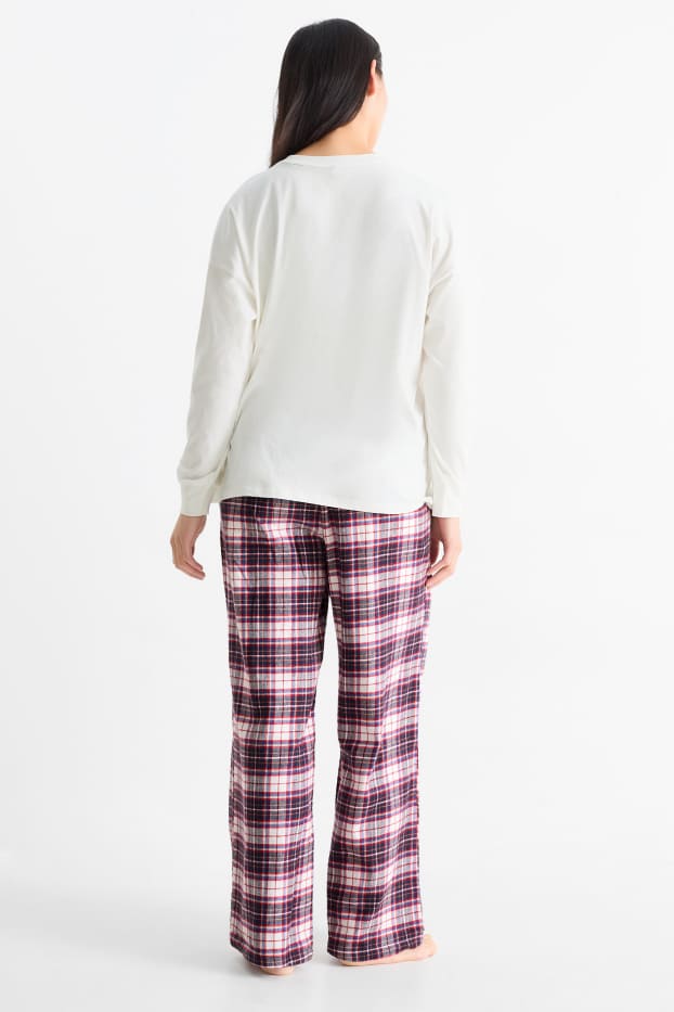 Dames - Pyjama voor de kerst, met flanellen broek - crème wit