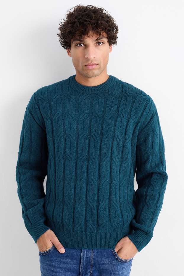 Hommes - Pullover - motif tressé - bleu foncé