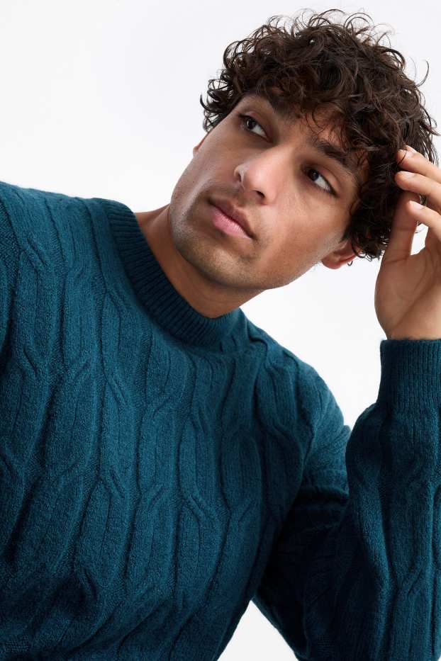 Hommes - Pullover - motif tressé - bleu foncé