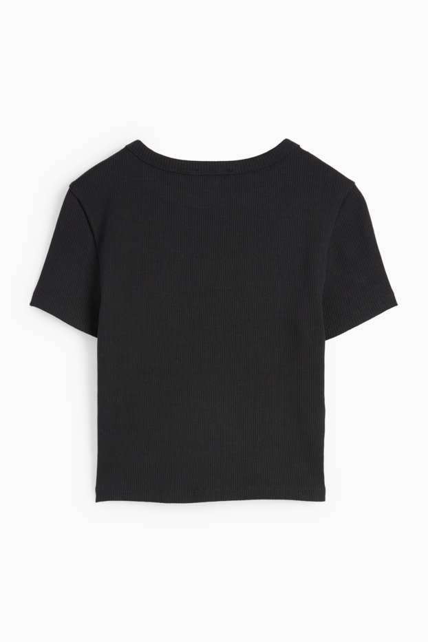 Damen - Crop T-Shirt - gerippt - schwarz
