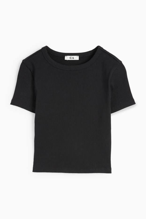 Damen - Crop T-Shirt - gerippt - schwarz