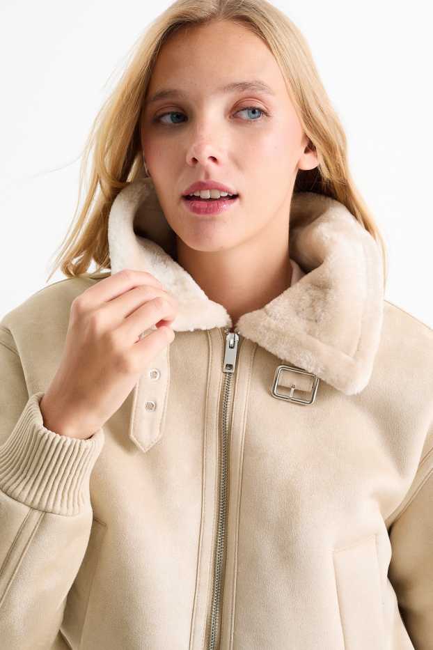 Donna - Giacca effetto montone - similpelle scamosciata - beige melange