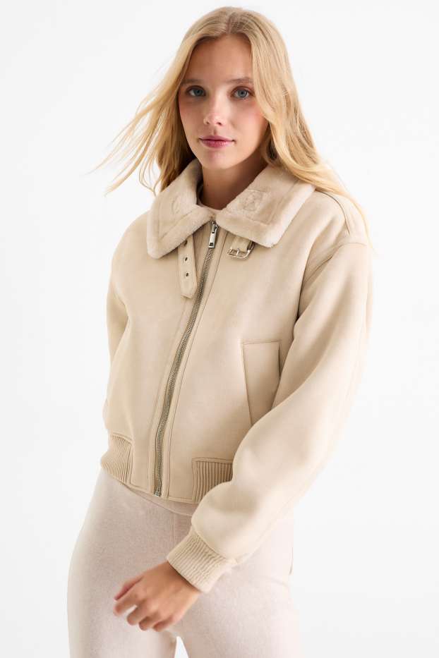 Donna - Giacca effetto montone - similpelle scamosciata - beige melange
