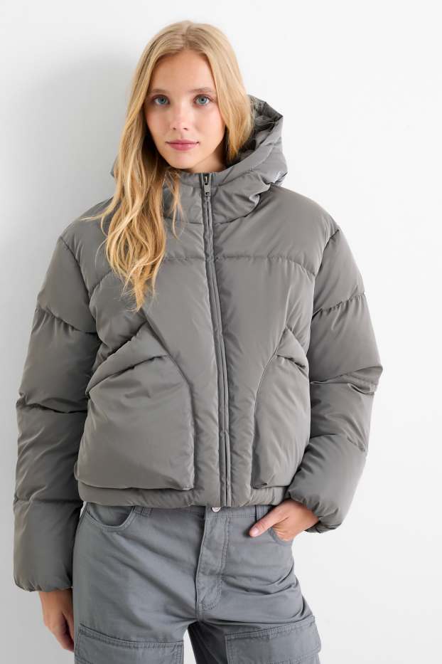 Damen - Steppjacke mit Kapuze - dunkelgrau