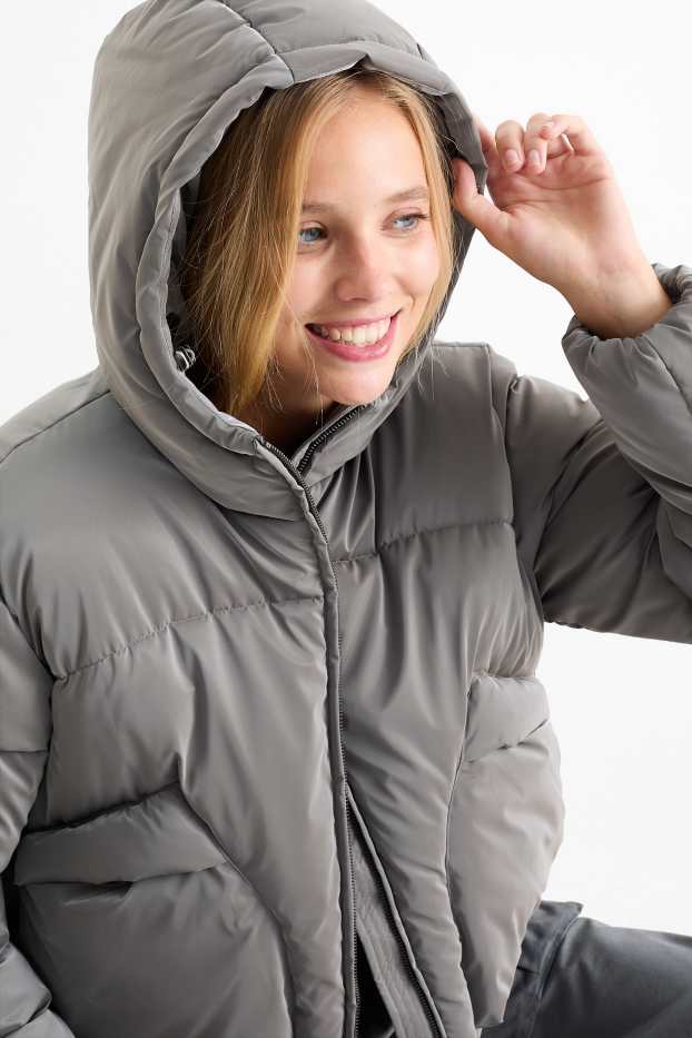 Damen - Steppjacke mit Kapuze - dunkelgrau