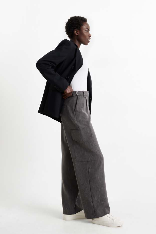 Dámské - Cargo kalhoty - mid waist - wide leg - s úzkými proužky - tmavošedá