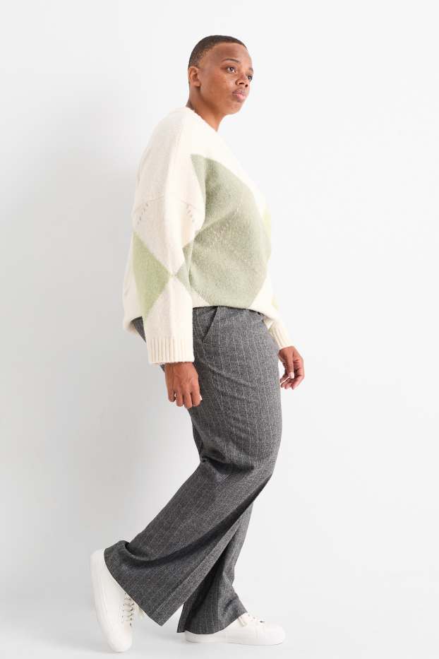 Dona - Pantalons de tela - high waist - wide leg - de ratlla diplomàtica - gris