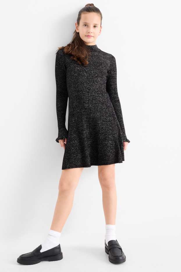 Kinder Mädchen - Strickkleid - glänzend - schwarz