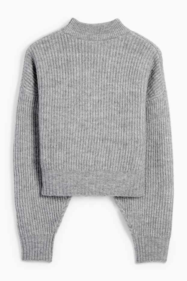 Women - Cropped jumper with band collar - ribbed - gray