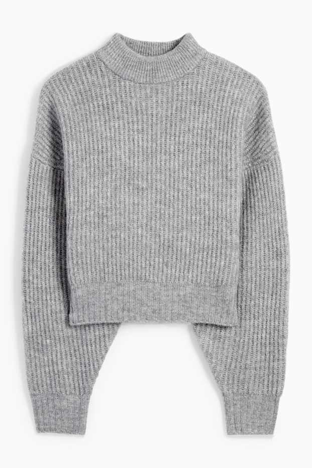 Women - Cropped jumper with band collar - ribbed - gray