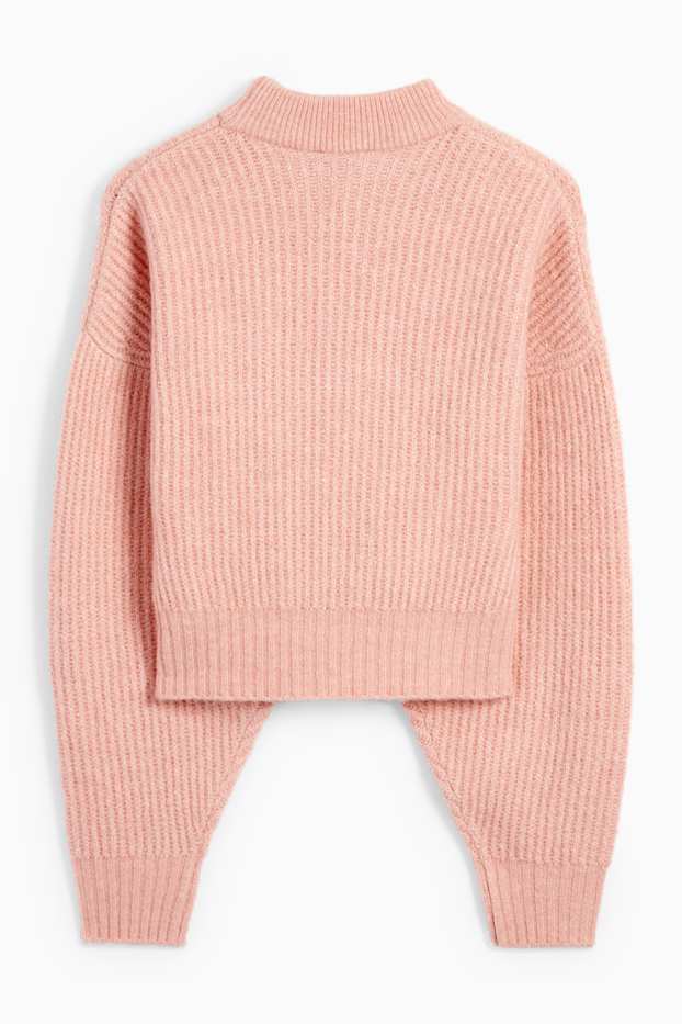 Dames - Korte trui met opstaande kraag - geribd - roze