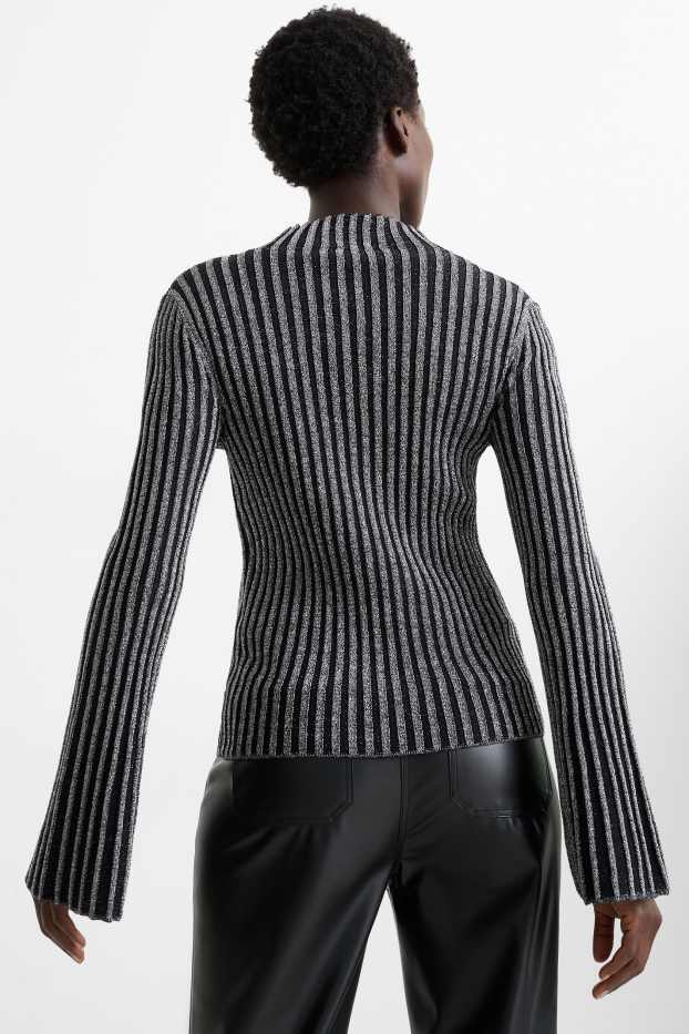 Damen - Pullover mit Stehkragen - gerippt - glänzend - schwarz