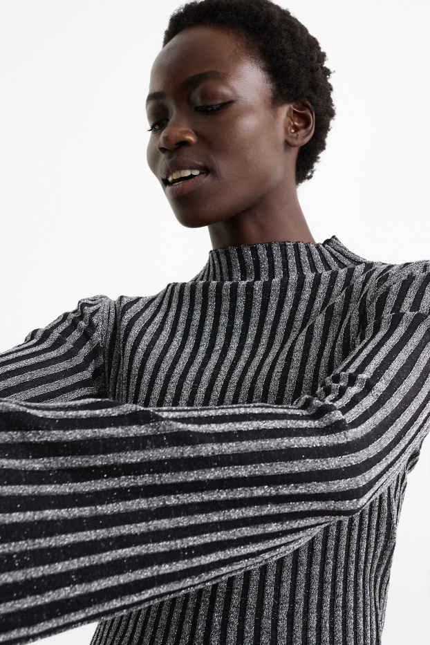 Damen - Pullover mit Stehkragen - gerippt - glänzend - schwarz
