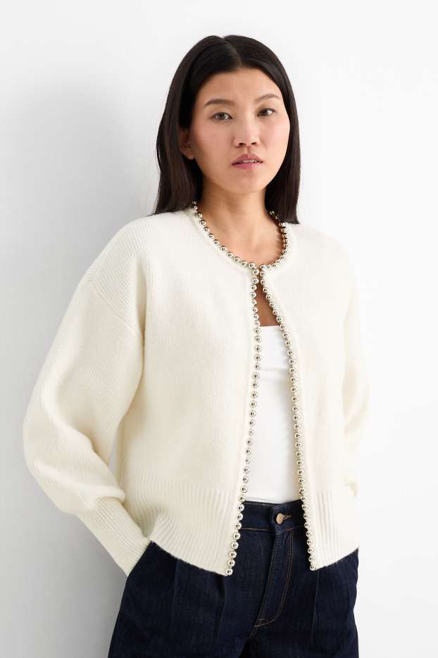 Women - Cardigan - ribbed - cremewhite