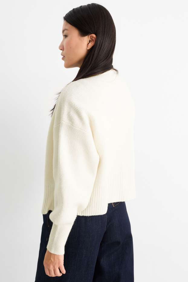 Women - Cardigan - ribbed - cremewhite