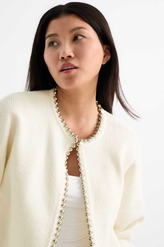 Women - Cardigan - ribbed - cremewhite