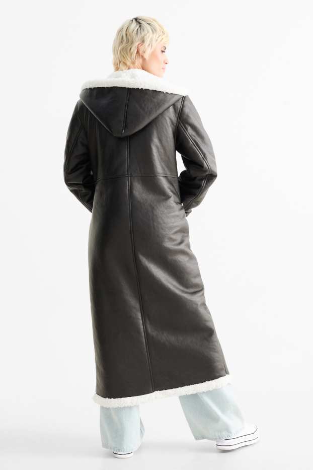 Dames - Shearling jas met capuchon - imitatieleer - zwart