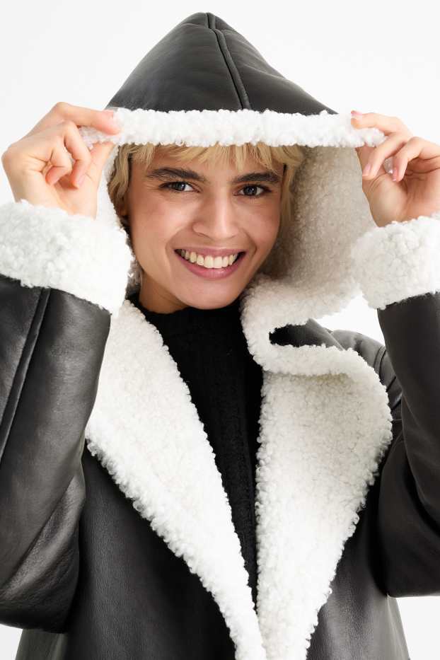 Dames - Shearling jas met capuchon - imitatieleer - zwart