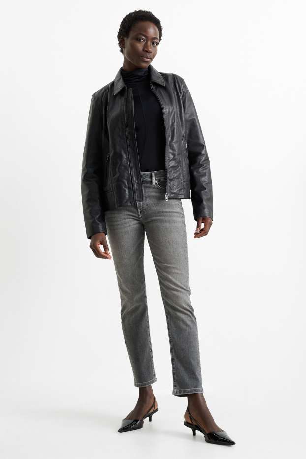 Women - Slim jeans with rhinestones - mid-rise waist - gray