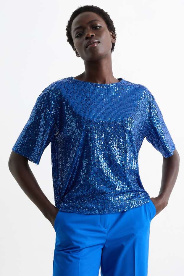 Femmes - T-shirt à paillettes - bleu foncé