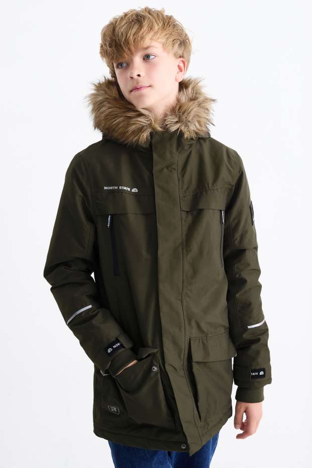 Bambini - Parka con cappuccio e inserto in ecopelliccia - inverno - impermeabile - verde scuro