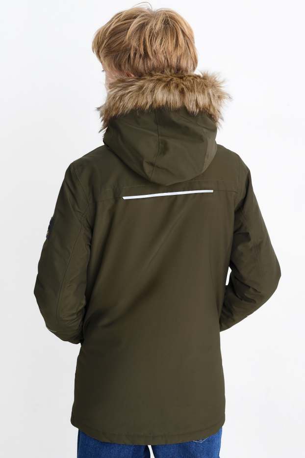 Bambini - Parka con cappuccio e inserto in ecopelliccia - inverno - impermeabile - verde scuro