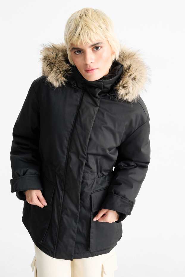 Damen - Parka mit Kapuze und Kunstfellbesatz - schwarz
