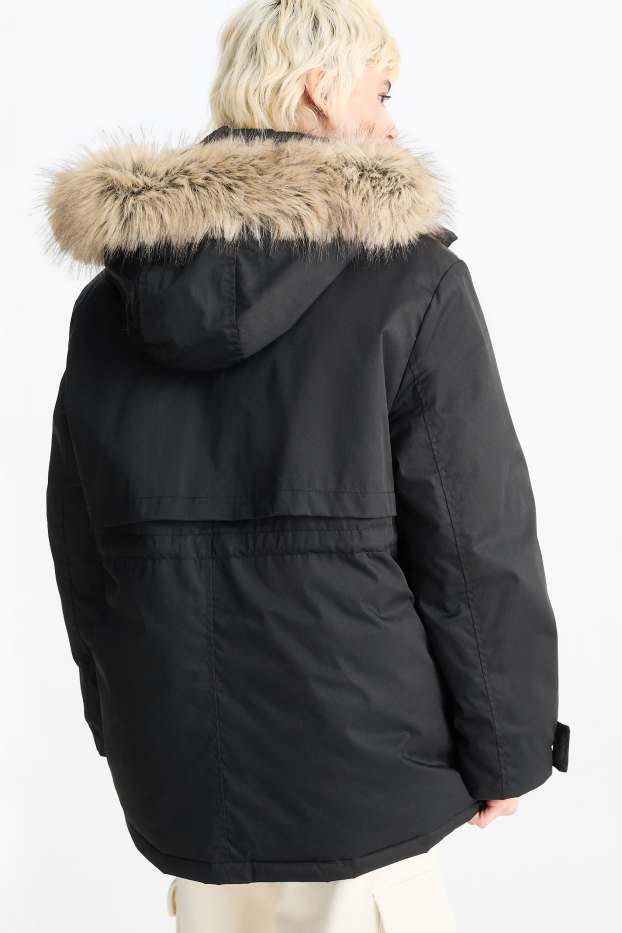 Damen - Parka mit Kapuze und Kunstfellbesatz - schwarz