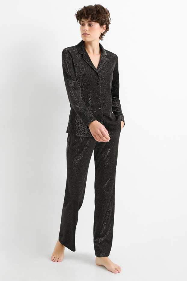 Damen - Pyjama - glänzend - schwarz