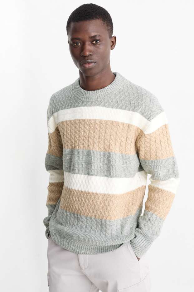 Herren - Pullover - gestreift - Zopfmuster - grau / beige