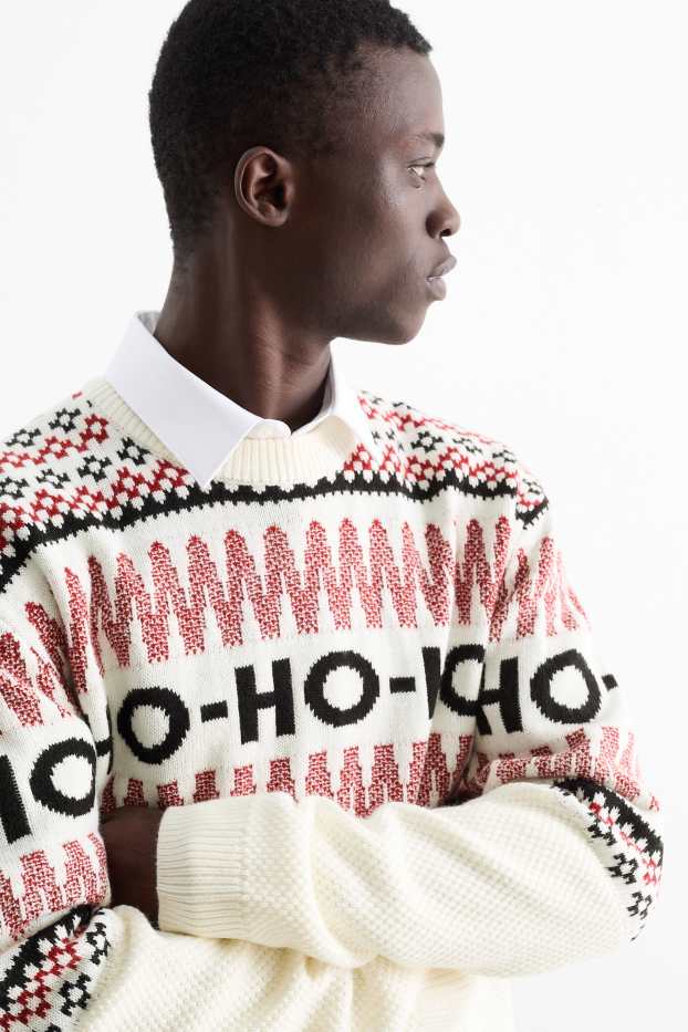 Bărbați - Pulover cu motive de Crăciun - HoHoHo - cu model - alb-crem