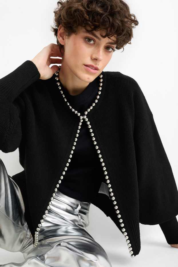 Women - Cardigan - ribbed - black