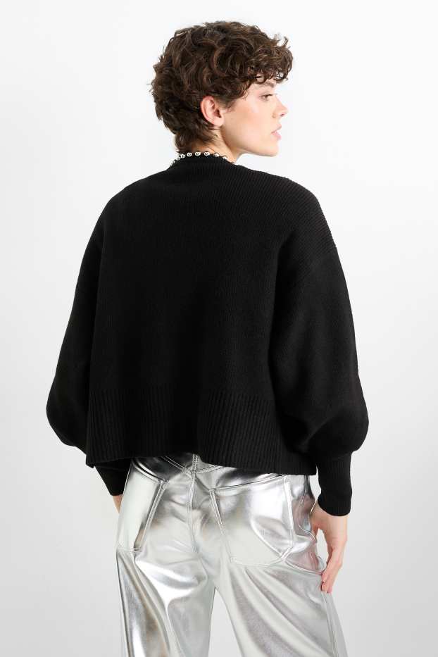Women - Cardigan - ribbed - black