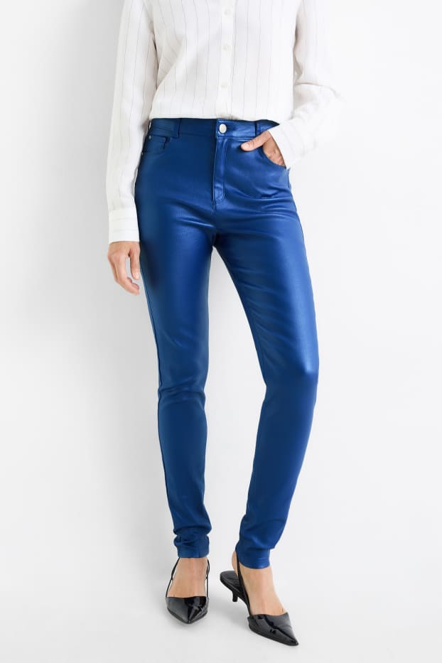 Femei - Pantaloni - talie înaltă - skinny fit - aspect lucios - albastru închis