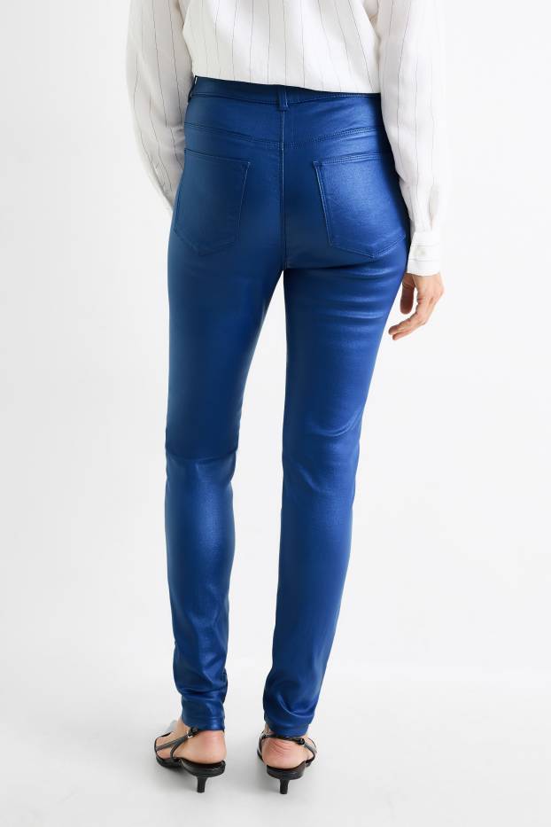 Femei - Pantaloni - talie înaltă - skinny fit - aspect lucios - albastru închis
