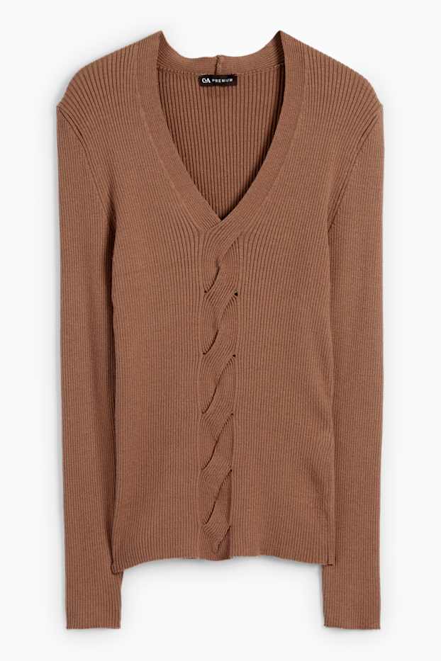 Dames - Trui met V-hals - kabelpatroon - geribd - donkerbruin