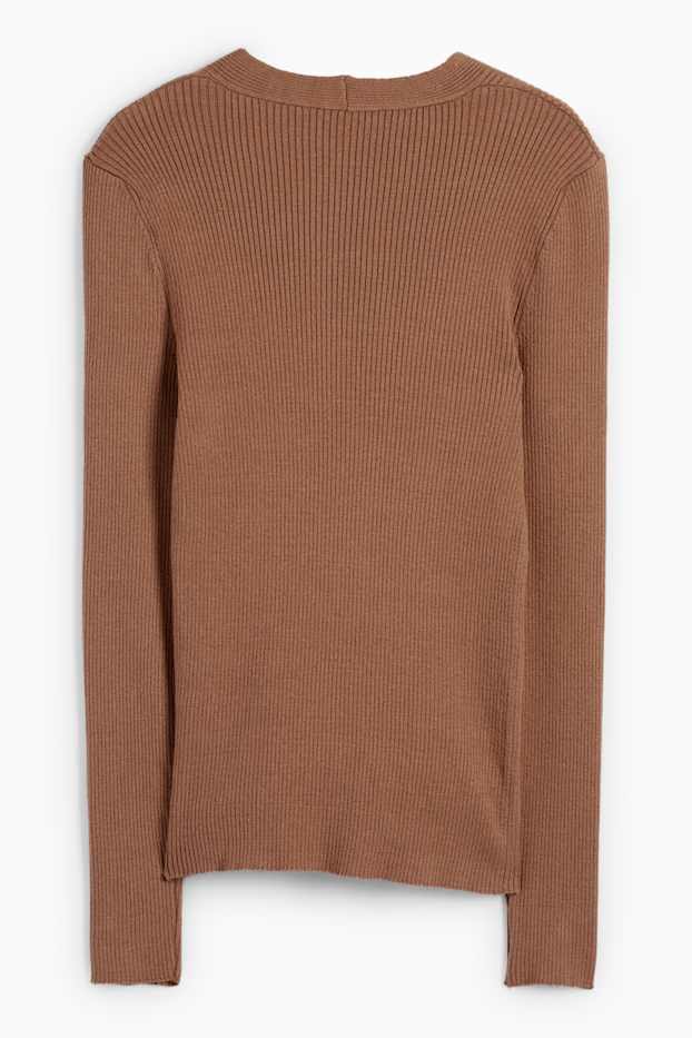 Dames - Trui met V-hals - kabelpatroon - geribd - donkerbruin