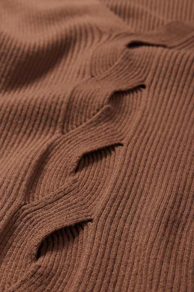 Dames - Trui met V-hals - kabelpatroon - geribd - donkerbruin