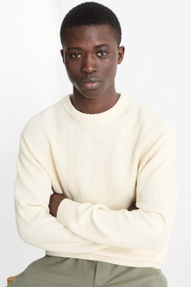 Uomo - Maglione - a coste - bianco crema