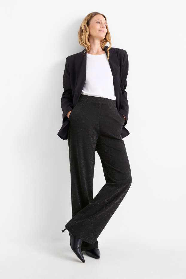 Damen - Jersey-Hose - Mid Waist - Wide Leg  - schwarz
