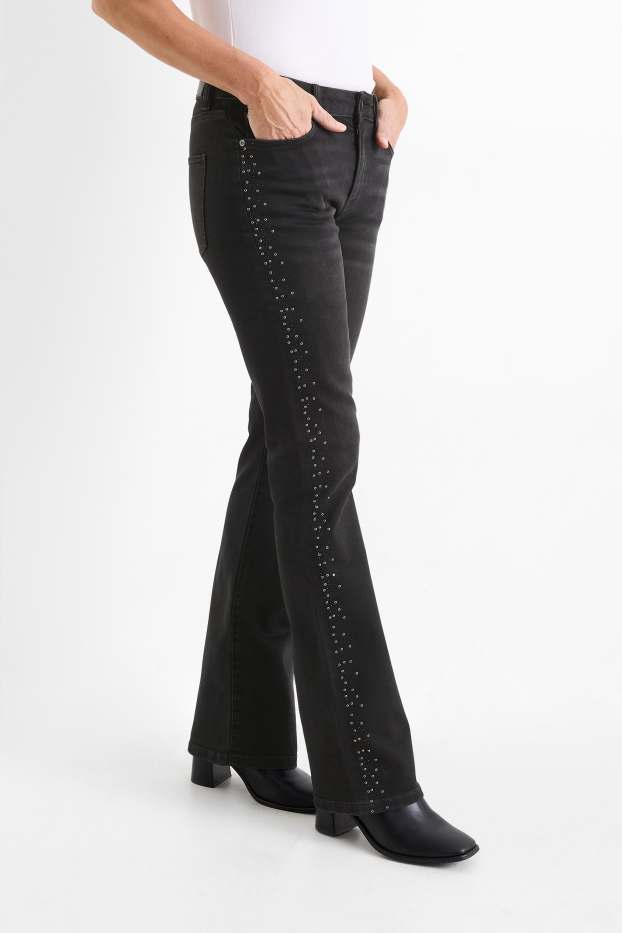Damen - Bootcut Jeans mit Strasssteinen - Mid Waist - dunkeljeansgrau