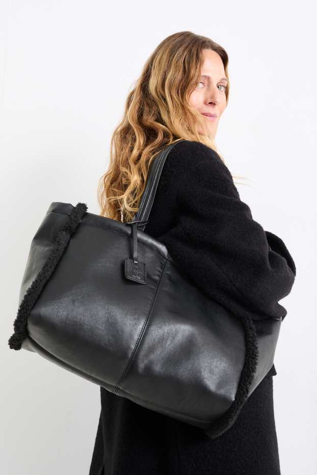 Damen - Großer Shopper - Lederimitat - schwarz