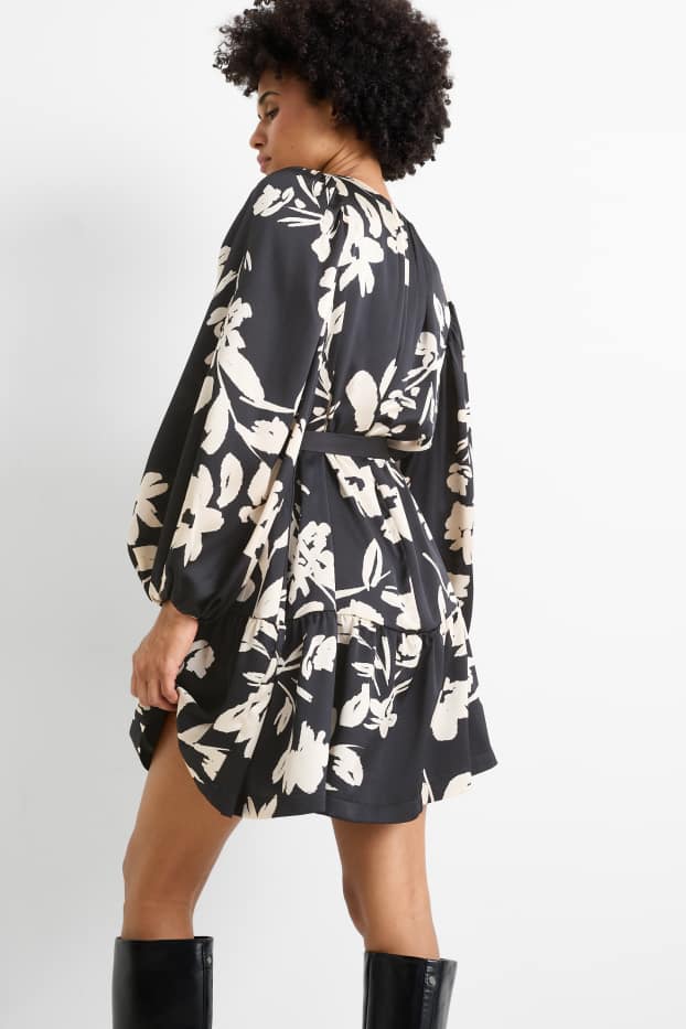 Dona - Vestit acampanat amb mànigues de fanal - de flors - negre