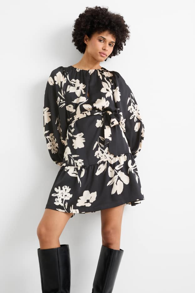 Dona - Vestit acampanat amb mànigues de fanal - de flors - negre
