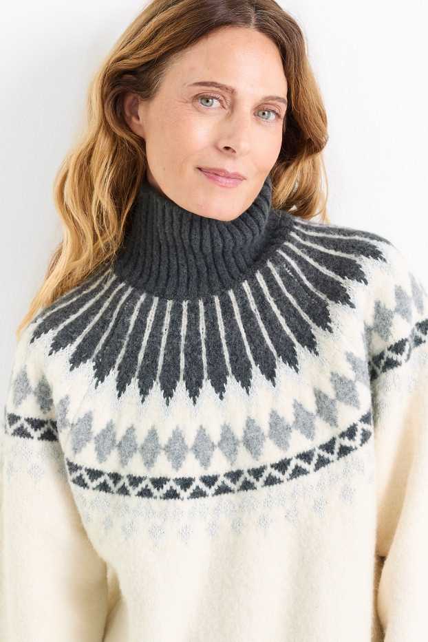 Kobiety - Sweter z golfem - ze wzorem - kremowobiały