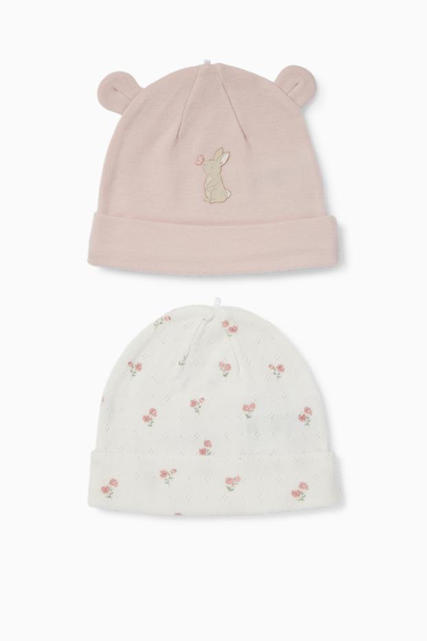 Bébés filles - Lot de 2 - petit lapin et petites fleurs - bonnets pour bébé - rose