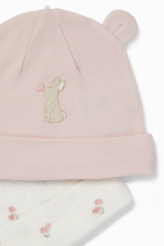 Bébés filles - Lot de 2 - petit lapin et petites fleurs - bonnets pour bébé - rose