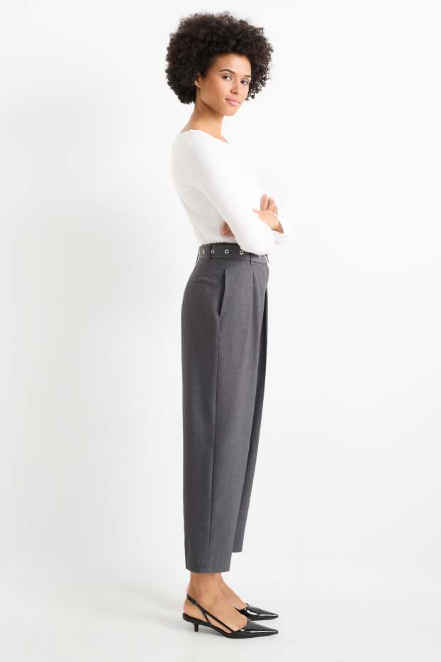 Dames - Pantalon met riem - high waist - tapered fit - donkergrijs