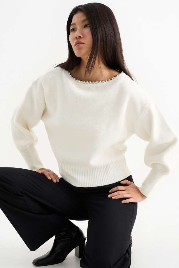 Kobiety - Sweter - w prążki - kremowobiały